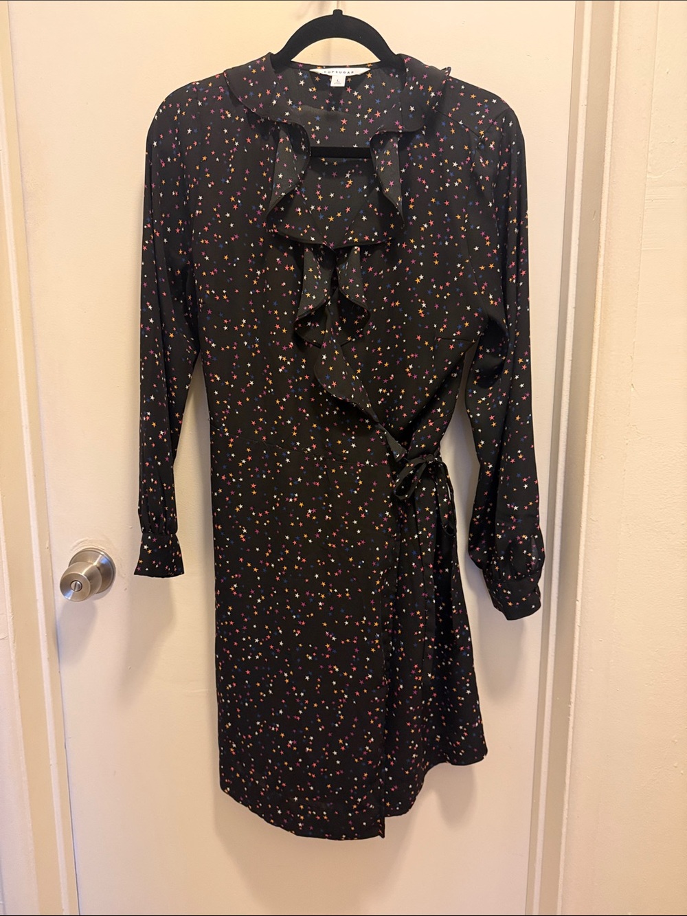 POPSUGAR Black Ruffle Wrap Dress with Multicolor Dot Accents